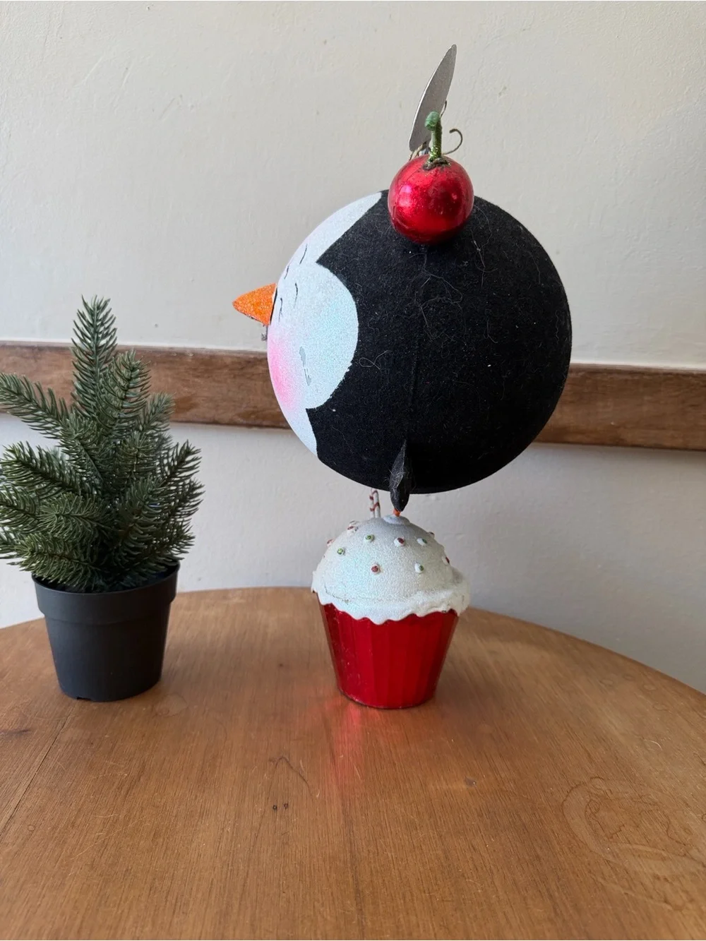 Pier 1 Black & White Penguin Cupcake Figurine with Red Accents